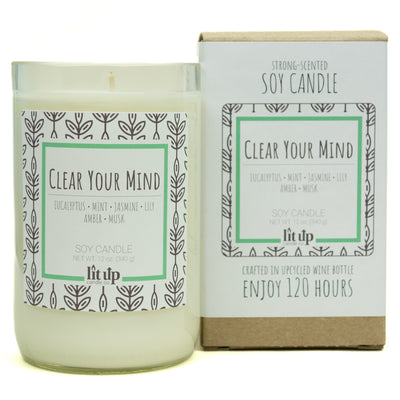 Clear Your Mind scented 12 oz. soy candle in upcycled wine bottle - FKA Eucalyptus Spearmint