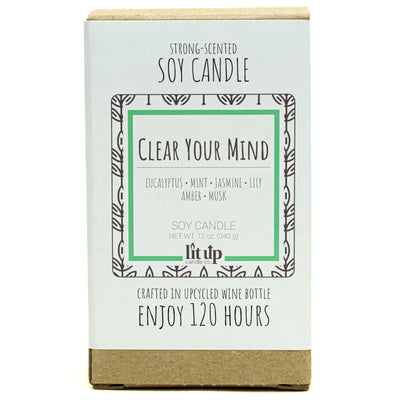 Clear Your Mind scented 12 oz. soy candle in upcycled wine bottle - FKA Eucalyptus Spearmint