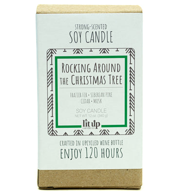 Rocking Around the Christmas Tree scented 12 oz. soy candle in upcycled wine bottle - FKA Frazier Fir