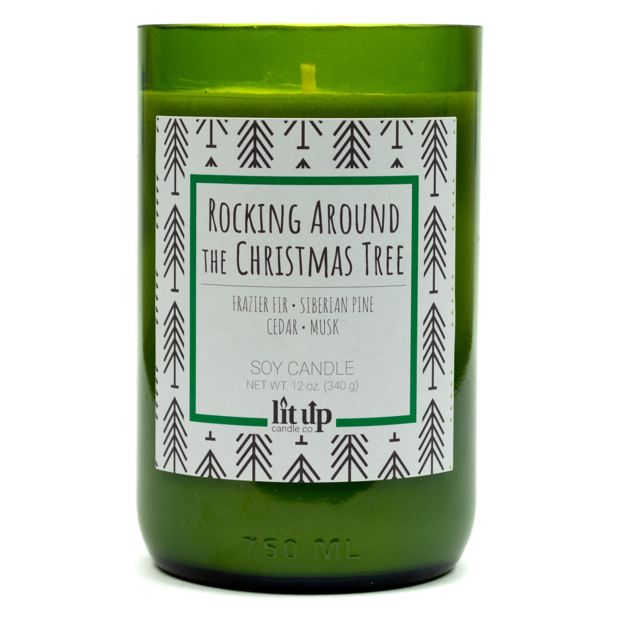 Rocking Around the Christmas Tree scented 12 oz. soy candle in upcycled wine bottle - FKA Frazier Fir