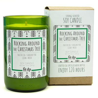 Rocking Around the Christmas Tree scented 12 oz. soy candle in upcycled wine bottle - FKA Frazier Fir