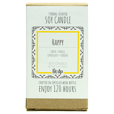 Happy scented 12 oz. soy candle in upcycled wine bottle - FKA Lemon Verbena