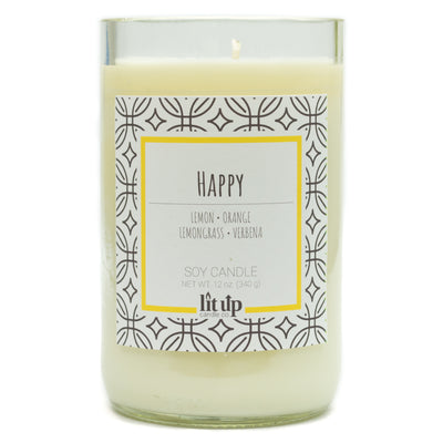 Happy scented 12 oz. soy candle in upcycled wine bottle - FKA Lemon Verbena