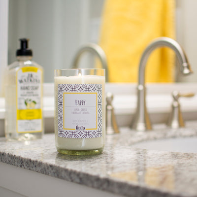 Happy scented 12 oz. soy candle in upcycled wine bottle - FKA Lemon Verbena