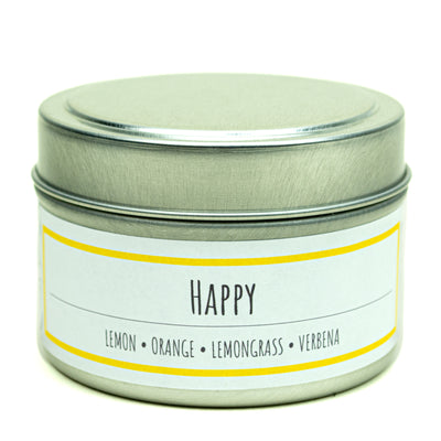 Happy scented 3 oz. soy candle in travel tin - FKA Lemon Verbena
