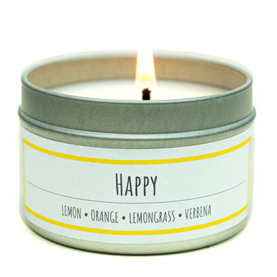 Happy scented 3 oz. soy candle in travel tin - FKA Lemon Verbena