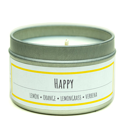Happy scented 3 oz. soy candle in travel tin - FKA Lemon Verbena