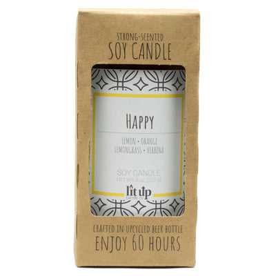 Happy scented 8 oz. soy candle in upcycled beer bottle - FKA Lemon Verbena