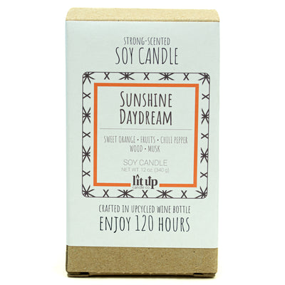 Sunshine Daydream scented 12 oz. soy candle in upcycled wine bottle - FKA Sweet Orange & Chili Pepper