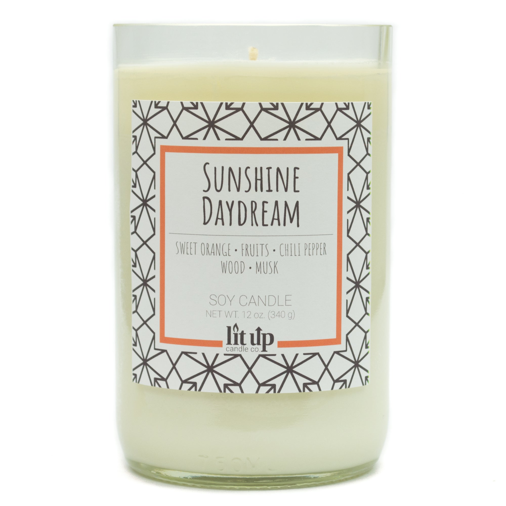 Sunshine Daydream scented 12 oz. soy candle in upcycled wine bottle - FKA Sweet Orange & Chili Pepper