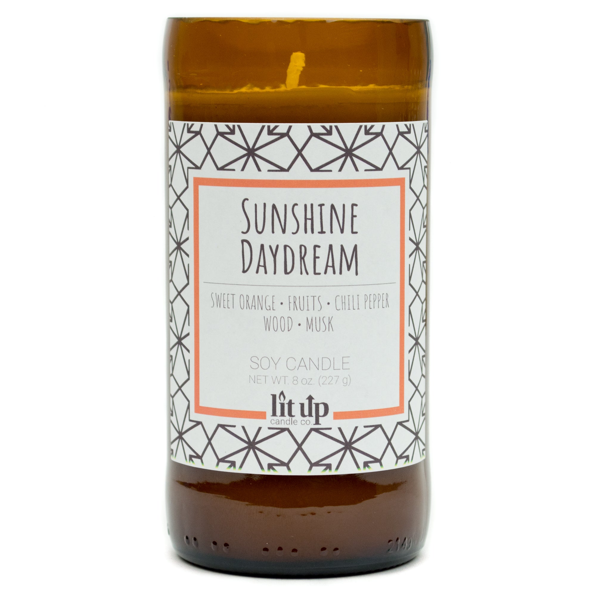Sunshine Daydream scented 8 oz. soy candle in upcycled beer bottle - FKA Sweet Orange & Chili Pepper