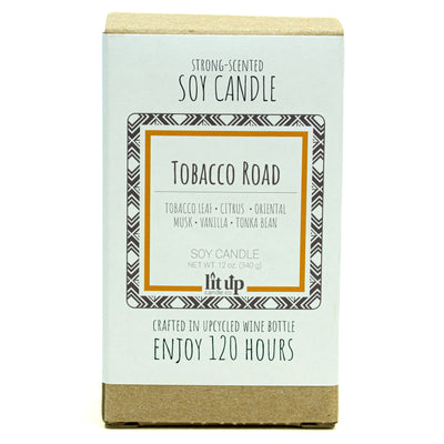 Tobacco Road scented 12 oz. soy candle in upcycled wine bottle - FKA Tobacco Caramel