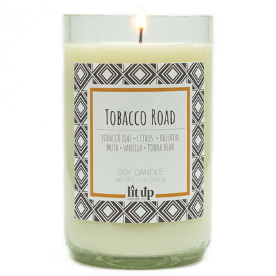 Tobacco Road scented 12 oz. soy candle in upcycled wine bottle - FKA Tobacco Caramel