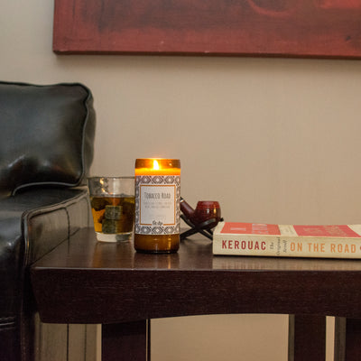Tobacco Road scented 8 oz. soy candle in upcycled beer bottle - FKA Tobacco Caramel
