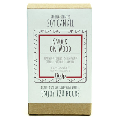 Knock on Wood scented 12 oz. soy candle in upcycled wine bottle - FKA Teakwood & Cardamom