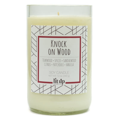 Knock on Wood scented 12 oz. soy candle in upcycled wine bottle - FKA Teakwood & Cardamom
