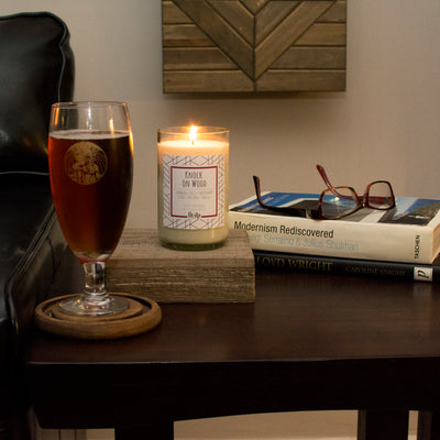 Knock on Wood scented 12 oz. soy candle in upcycled wine bottle - FKA Teakwood & Cardamom