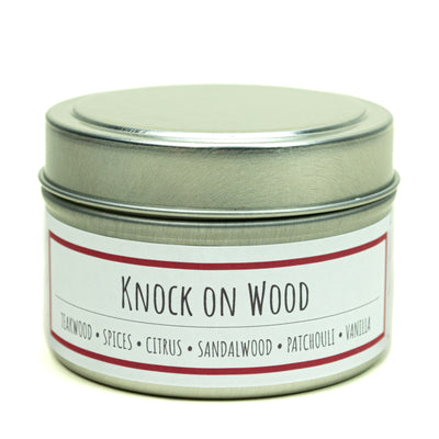 Knock on Wood scented 3 oz. soy candle in travel tin - FKA Teakwood & Cardamom