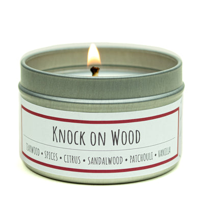 Knock on Wood scented 3 oz. soy candle in travel tin - FKA Teakwood & Cardamom