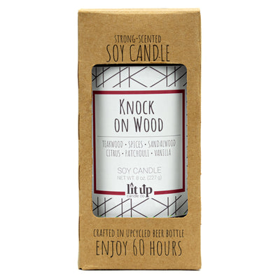Knock on Wood scented 8 oz. soy candle in upcycled beer bottle - FKA Teakwood & Cardamom
