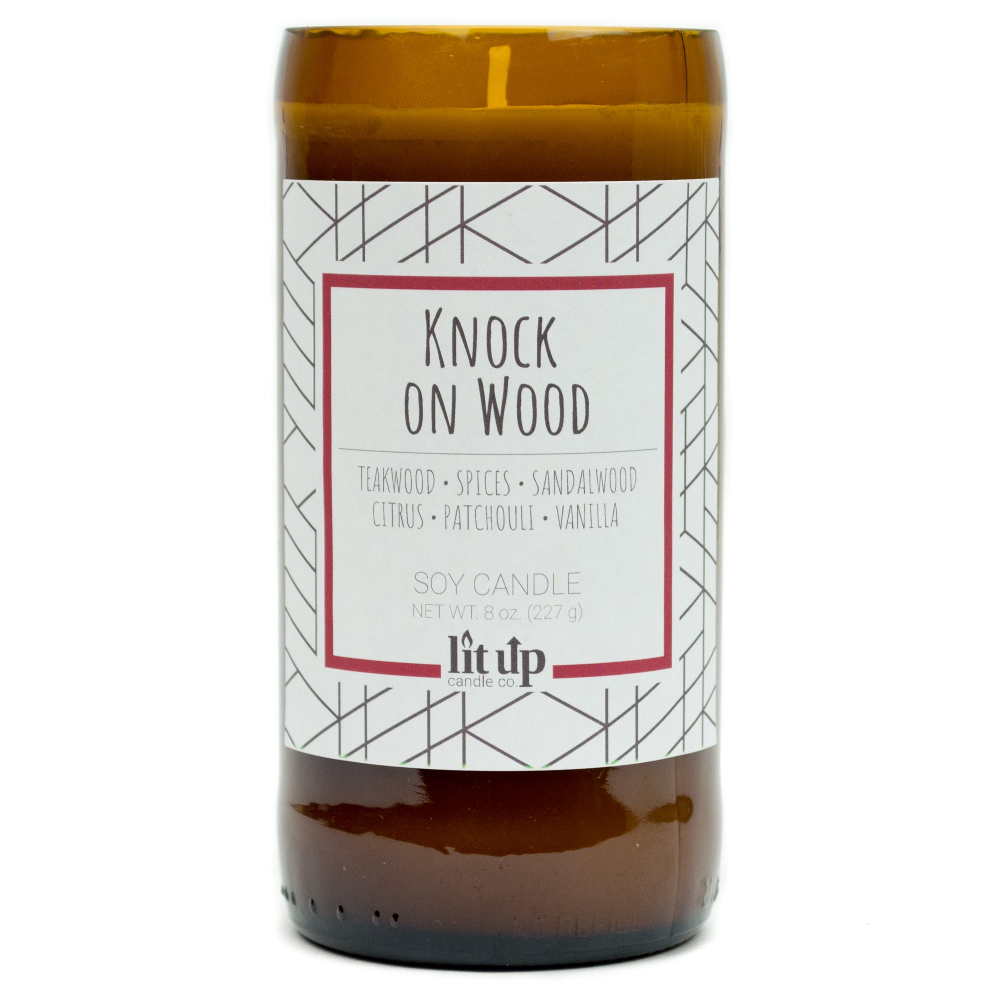 Knock on Wood scented 8 oz. soy candle in upcycled beer bottle - FKA Teakwood & Cardamom