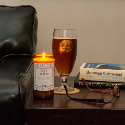 Knock on Wood scented 8 oz. soy candle in upcycled beer bottle - FKA Teakwood & Cardamom