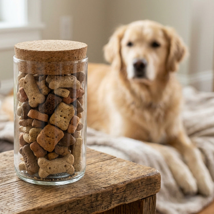 Upcycled wine bottle with cork lid filled with dog treats, with a dog in the background.