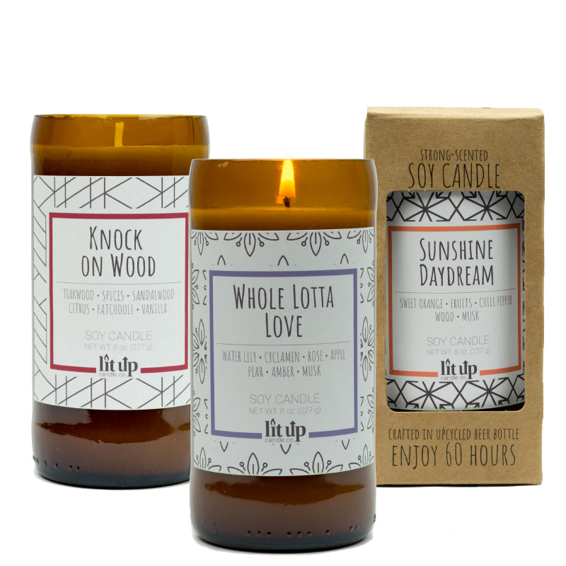 8 oz. strong-scented soy candles in upcycled beer bottles