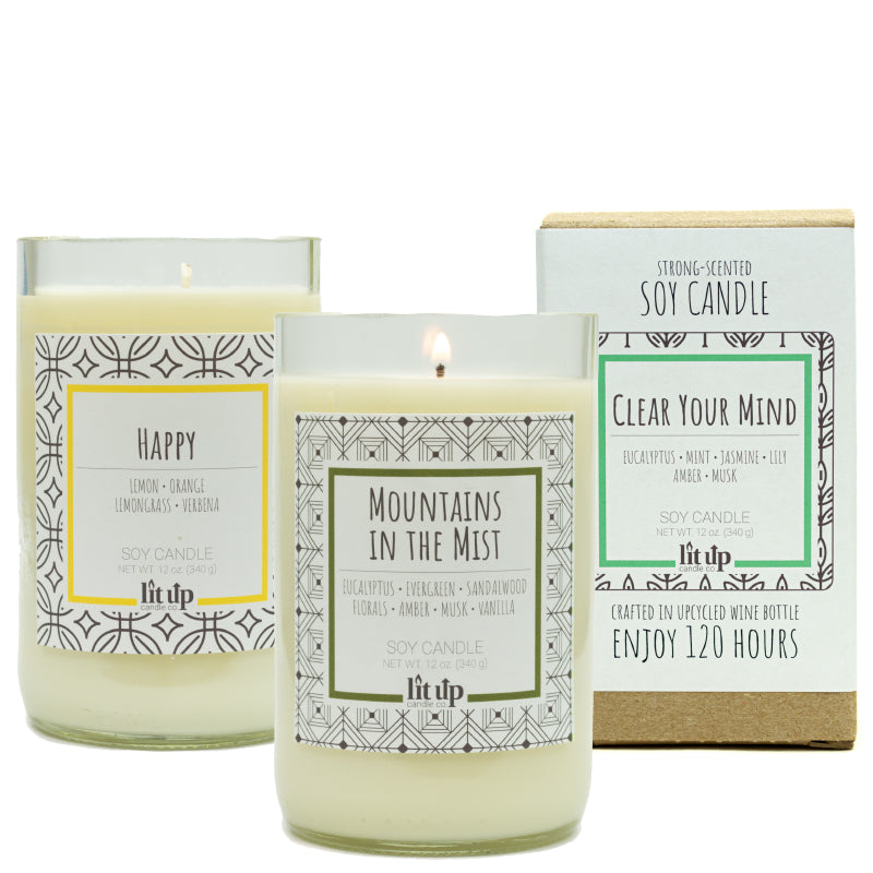 12 oz. strong-scented soy candles in upcycled wine bottles