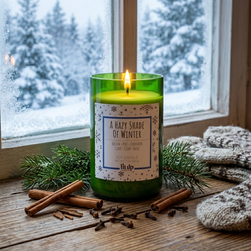 A Hazy Shade of Winter scented 12 oz. soy candle in upcycled wine bottle | Pine, Spices