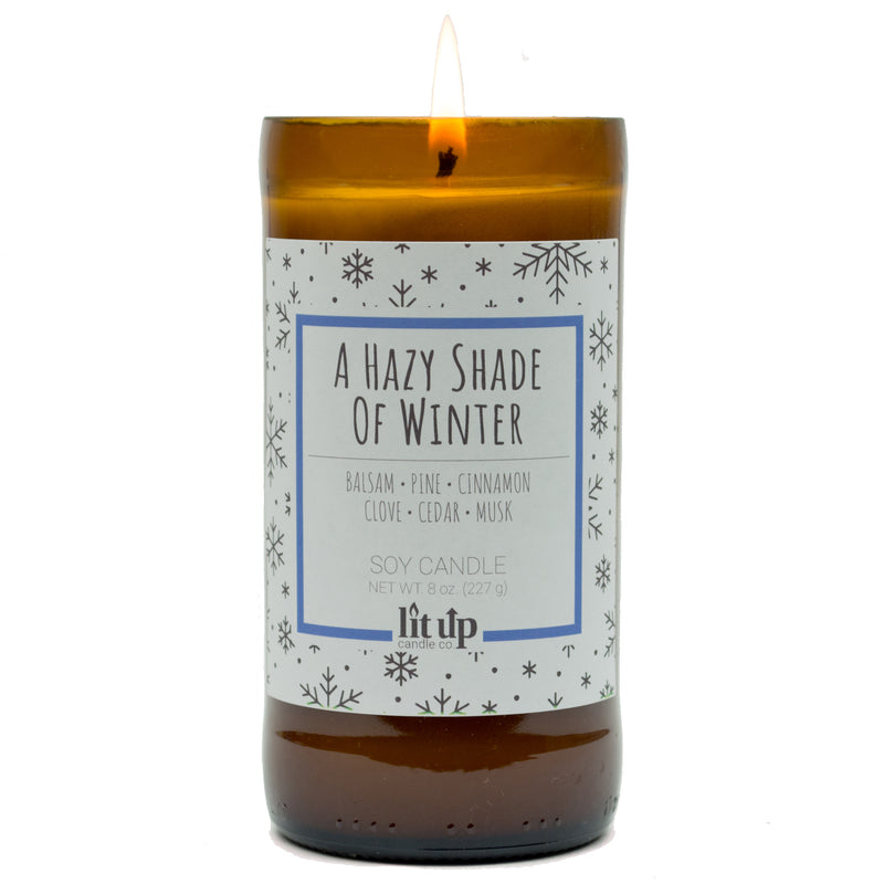 A Hazy Shade of Winter scented 8 oz. soy candle in upcycled beer bottle - FKA Alpine Cheer