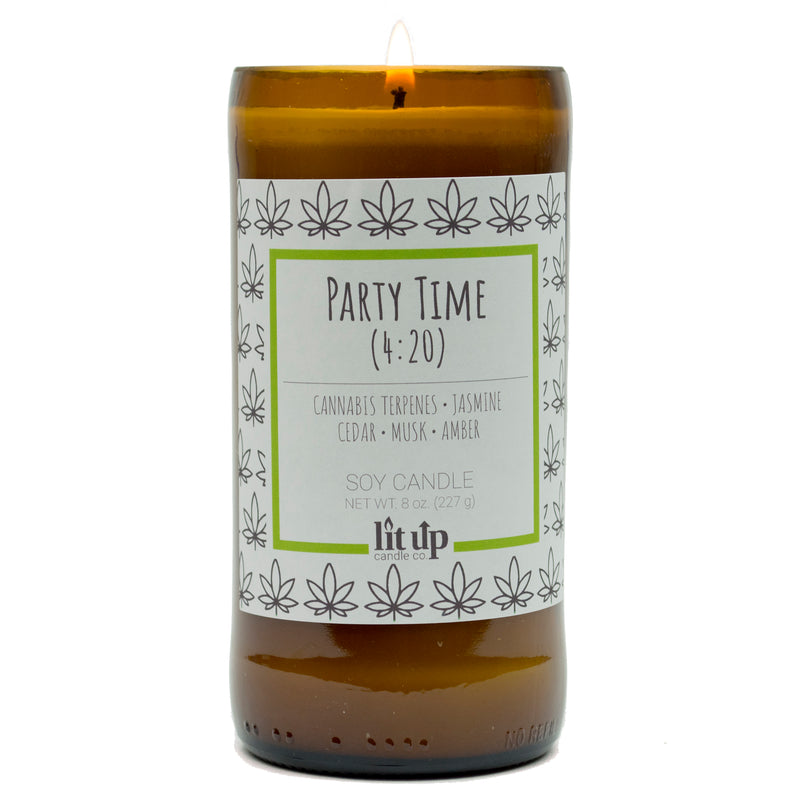 Party Time (4:20) scented 8 oz. soy candle in upcycled beer bottle - FKA Cannabis Flower