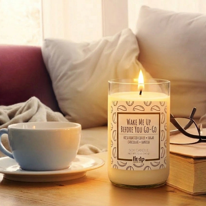 Wake Me Up Before You Go-Go scented 12 oz. soy candle in upcycled wine bottle | Coffee, Chocolate, Vanilla