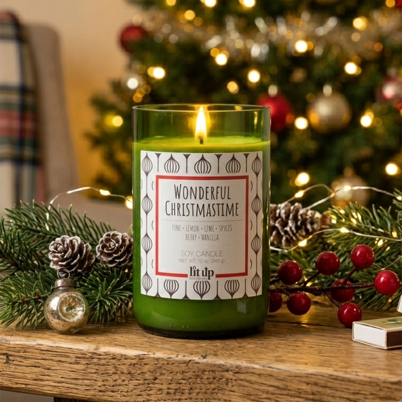Wonderful Christmastime scented 12 oz. soy candle in upcycled wine bottle | Pine, Berry, Citrus, Spices