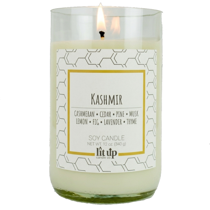 Kashmir scented 12 oz. soy candle in upcycled wine bottle - FKA Cashmere