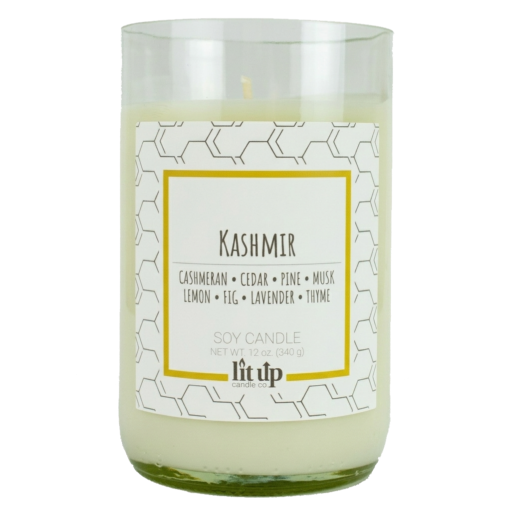Kashmir scented 12 oz. soy candle in upcycled wine bottle - FKA Cashmere