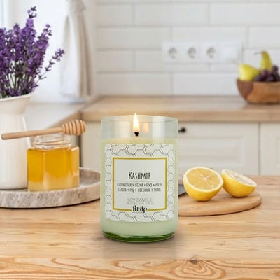 Kashmir scented 12 oz. soy candle in upcycled wine bottle - FKA Cashmere