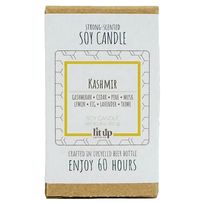 Kashmir scented 8 oz. soy candle in upcycled beer bottle - FKA Cashmere