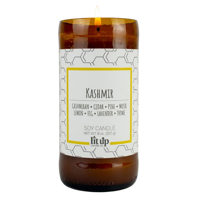 Kashmir scented 8 oz. soy candle in upcycled beer bottle - FKA Cashmere