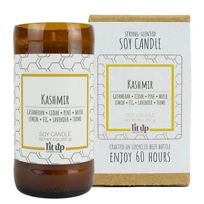 Kashmir scented 8 oz. soy candle in upcycled beer bottle - FKA Cashmere