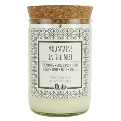 Mountains in the Mist scented 12 oz. soy candle in upcycled wine bottle - FKA Earthen Oak