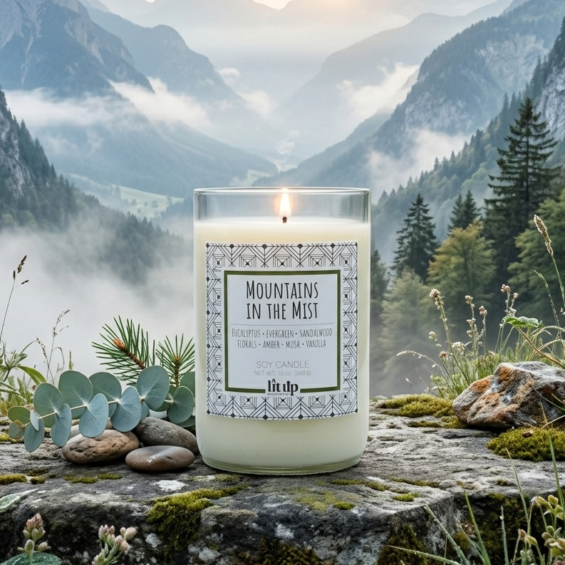 Mountains in the Mist 12 oz. soy candle in upcycled wine bottle | Eucalyptus, Sandalwood, Vanilla