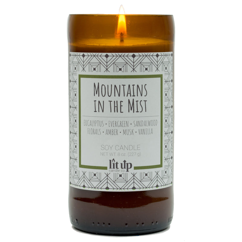 Mountains in the Mist scented 8 oz. soy candle in upcycled beer bottle - FKA Earthen Oak