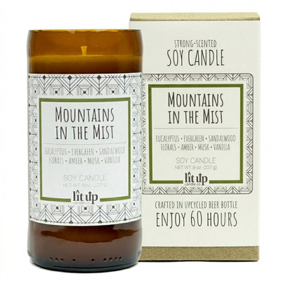 Mountains in the Mist scented 8 oz. soy candle in upcycled beer bottle - FKA Earthen Oak