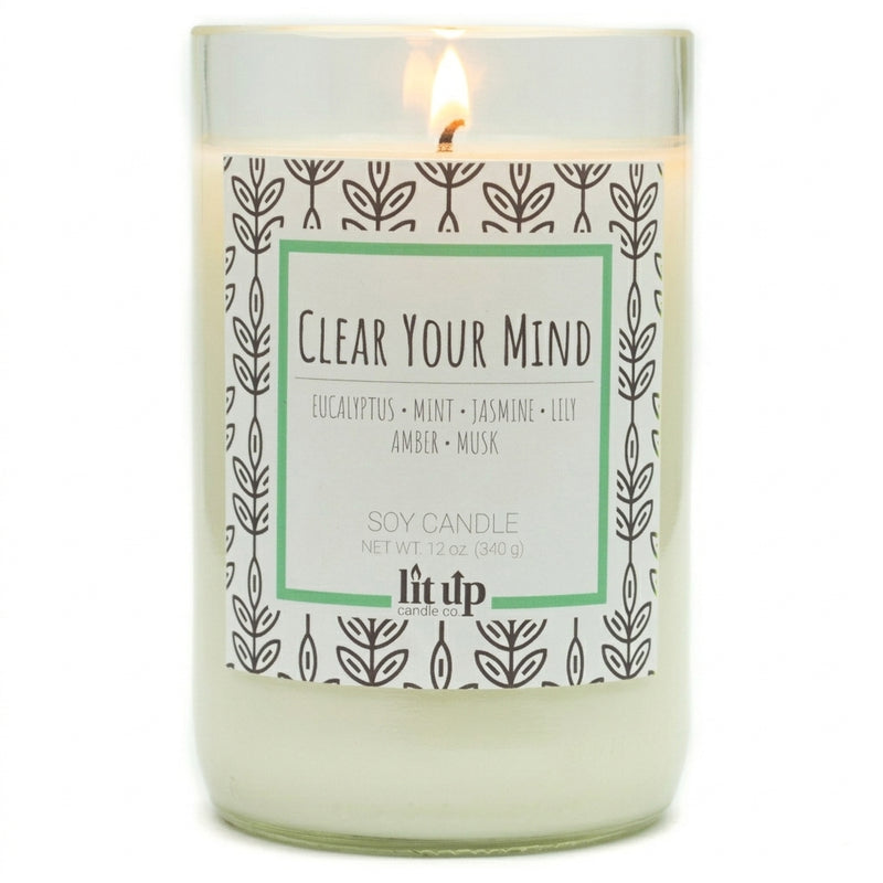 Clear Your Mind scented 12 oz. soy candle in upcycled wine bottle - FKA Eucalyptus Spearmint