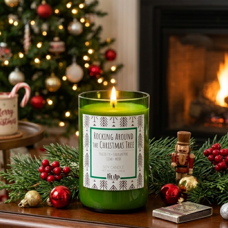 Rocking Around the Christmas Tree scented 12 oz. soy candle in upcycled wine bottle | Frazier Fir, Pine, Cedar