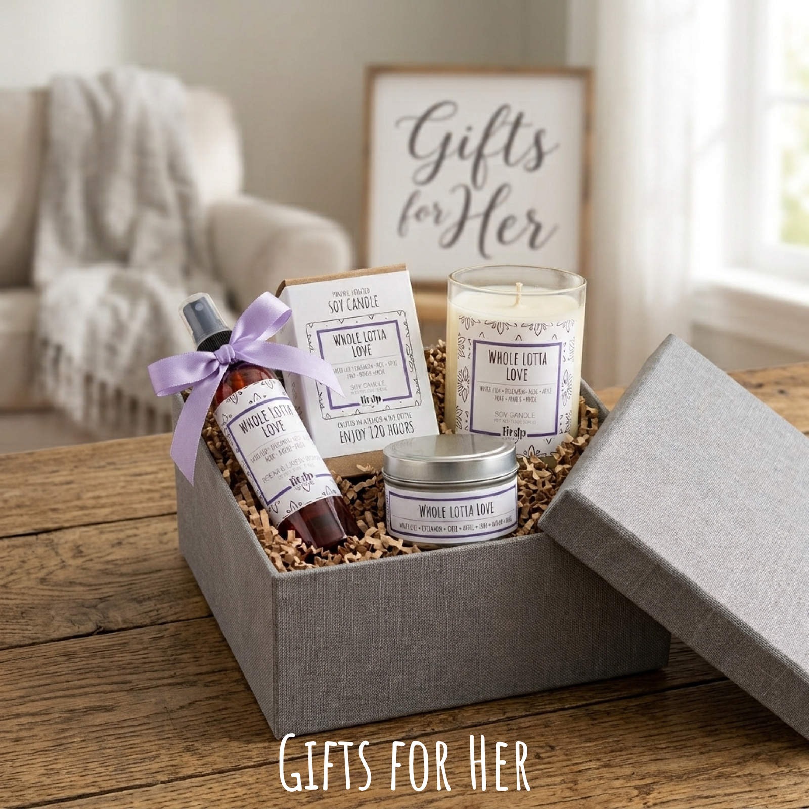 Gift box with Whole Lotta Love candles and room spray