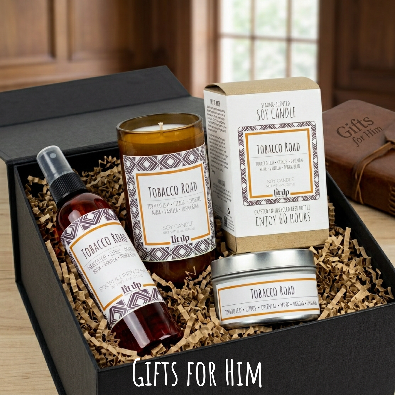Gift basket with Tobacco Road candles and room spray