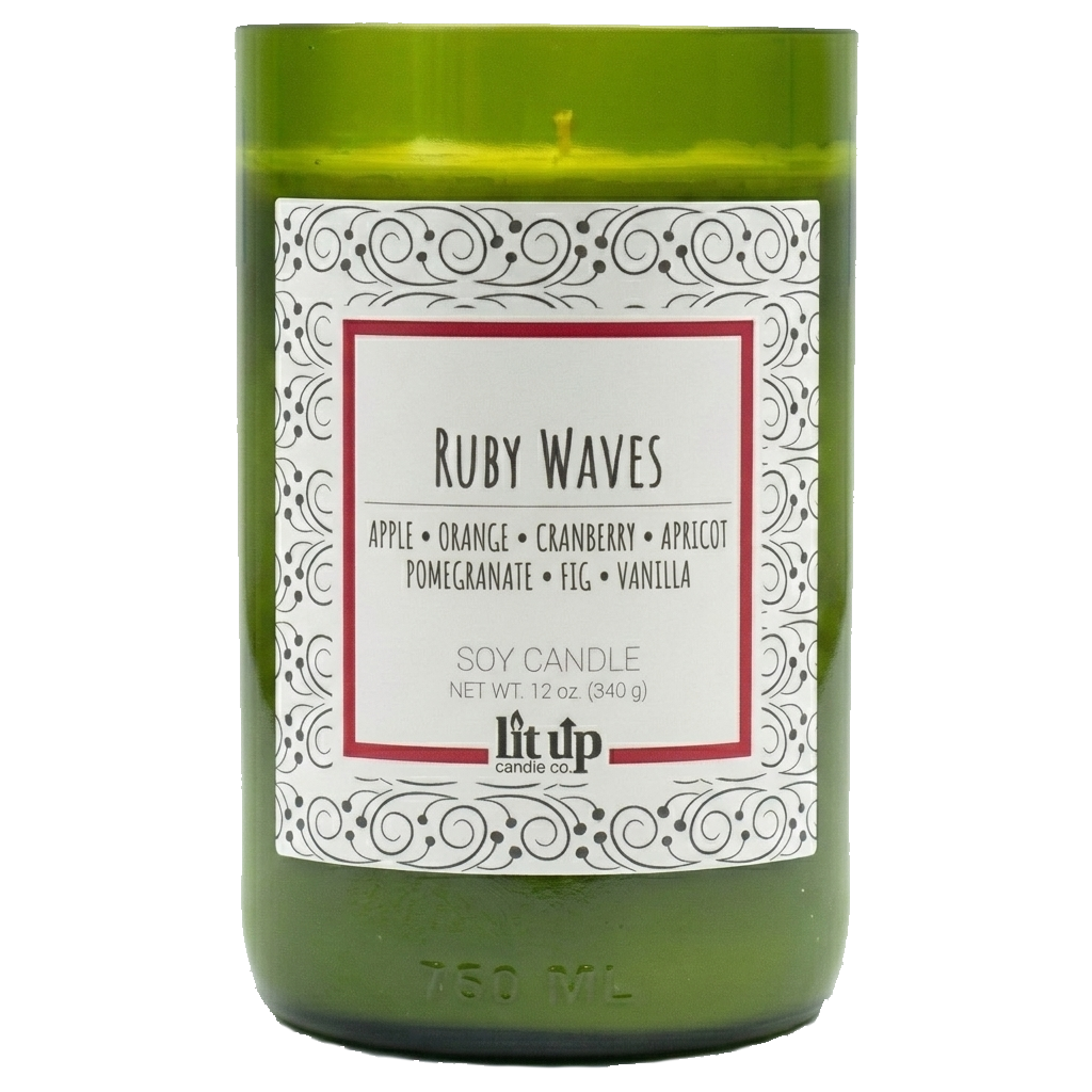 Ruby Waves scented 12 oz. soy candle in upcycled wine bottle