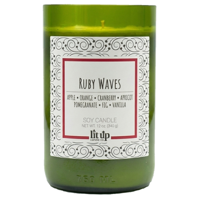 Ruby Waves scented 12 oz. soy candle in upcycled wine bottle